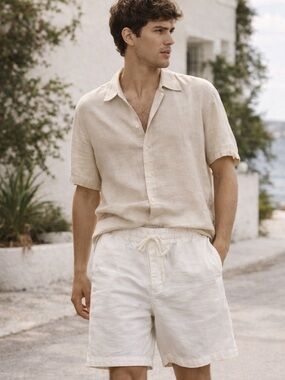 NWT ZARA Linen Blend Drawstring Shorts Cream White Relaxed Summer M